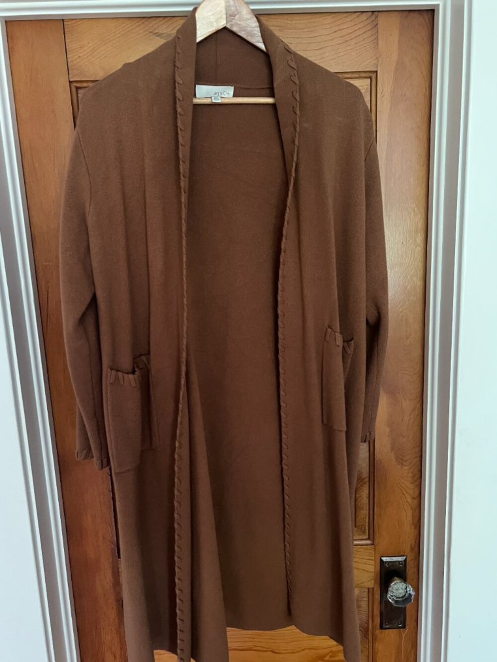 PINCH Brown Long Open Front Cardigan Sweater Duster Whipstitch Detail Size M/L